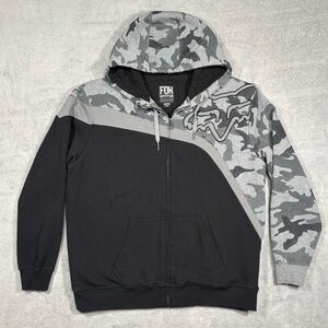 Fox Racing Mens XL Sherpa Lined Grey Camo Zip Hoodie Moto Streetwear Grunge Soft